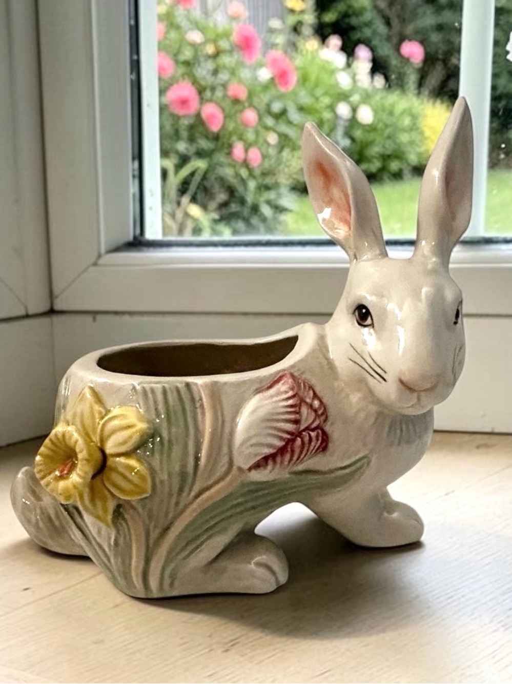 Vintage Fitz and Floyd Ceramic Bunny Planter in White with 3D Floral Accents
